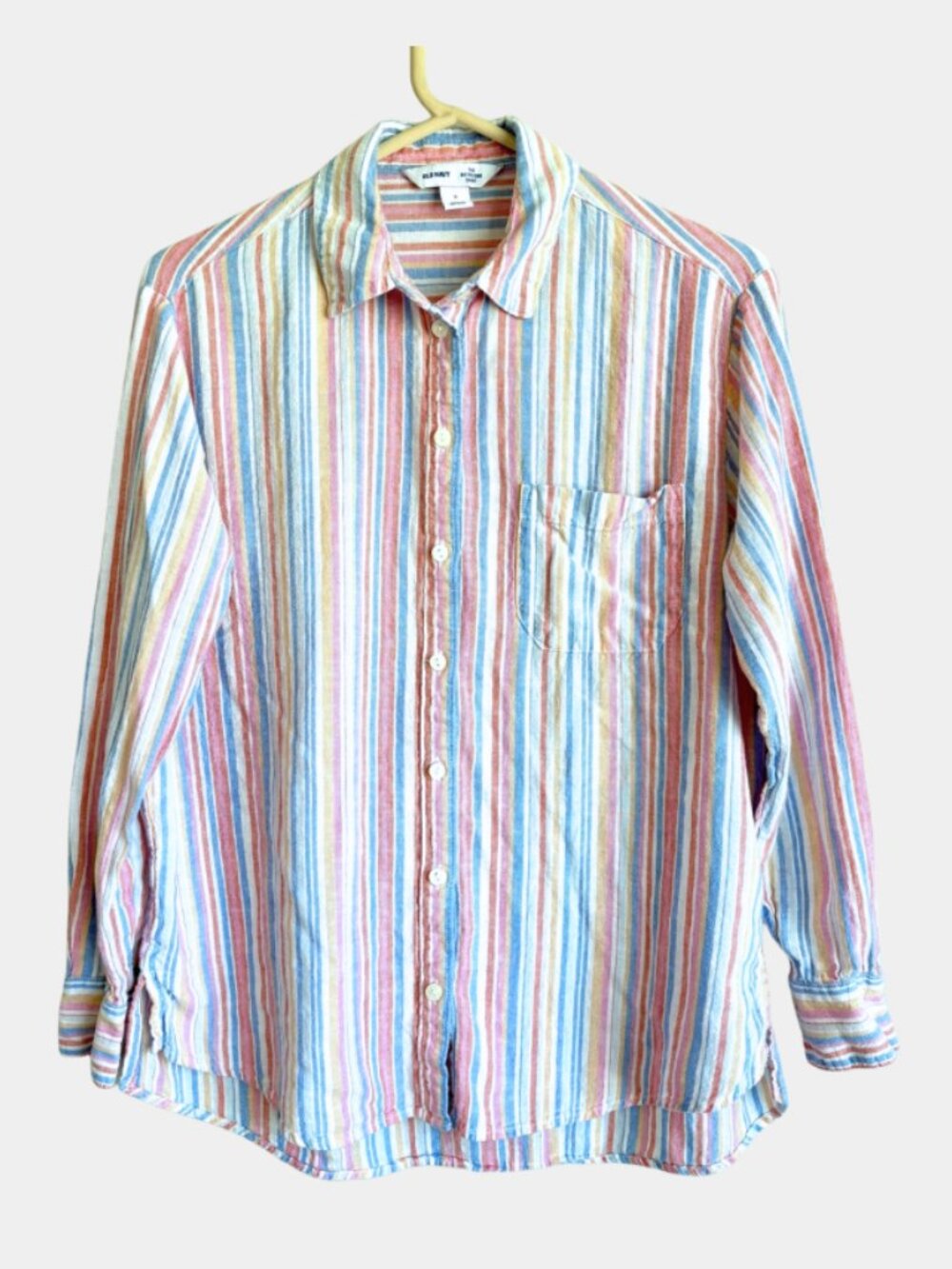 Old Navy The Boyfriend Shirt Linen Rayon Stripes Long Sleeve Button Front Size S